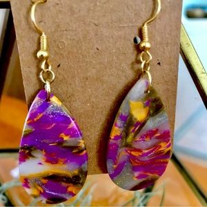 One of a kind polymer clay tear drop earrings.